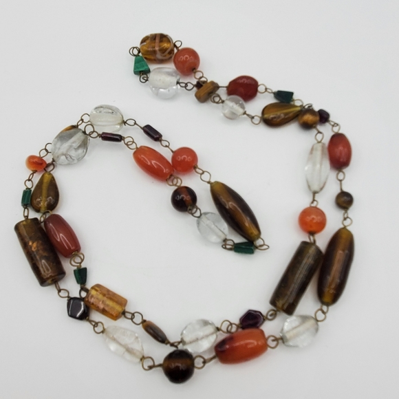 Stone & Glass Beaded Necklace Chain Link Artisan Vintage 33" L Malachite Quartz - Picture 5 of 9